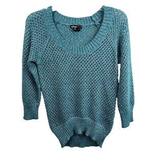 Vintage 90s Takara Womens Open Knit Pullover Sweater Small Teal Metallic Retro